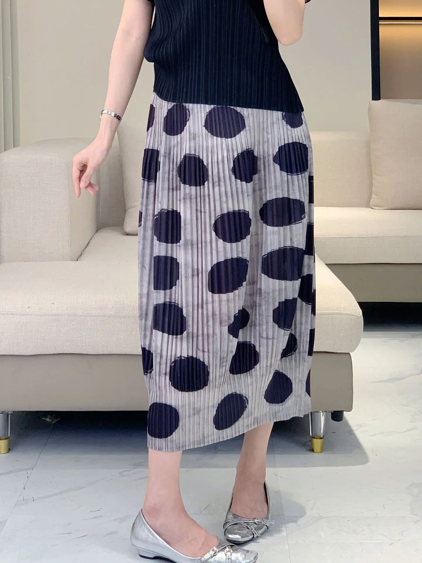 

Плиссированная женская полуюбка в горошек с цветочным бутоном, эластичная талия, свободная посадка, эластичная повседневная женская полуюбка большого размера для похудения