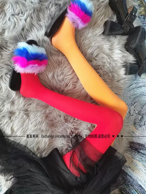 Crotch‑Open Velvet Pantyhose, Candy‑Color Asymmetrical AB Mismatched Design, Unique Colorful Outer‑Wear Fashion Tights Hosiery