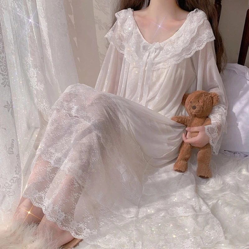 Kawaii Korea Style Women's Dressing Gown Spring Ladies Princess Sleepwear Lace Sleeve O Neck Mesh Peignoir Fairy Night Dress