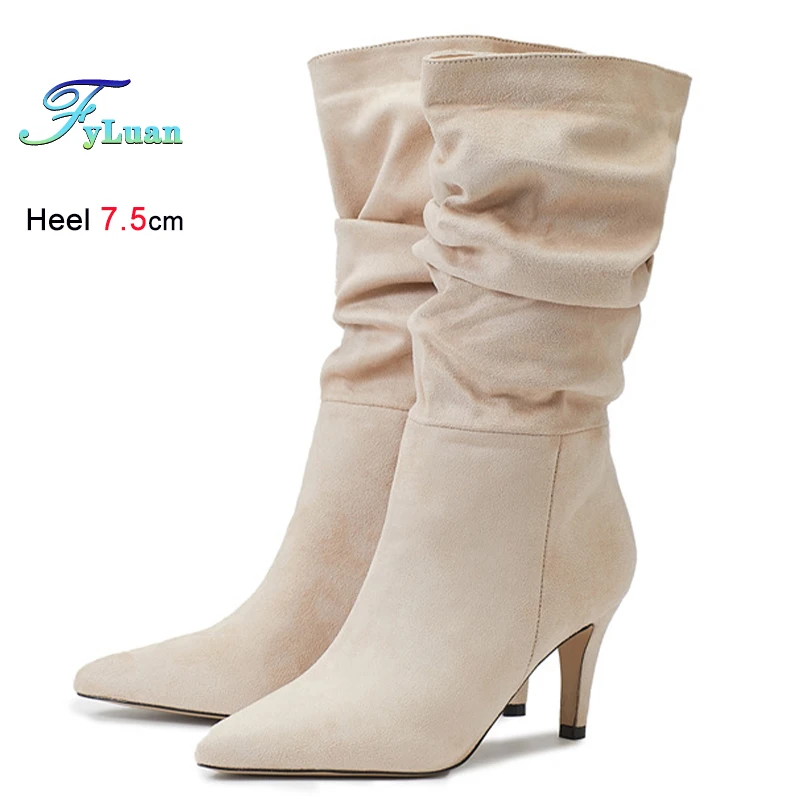 

2026 New Spring Autumn Apricot Color Pleated Women's Mid-Calf Boots Thin High Heels 7.5cm Pointed Toe Ladies Short Boots Shoes