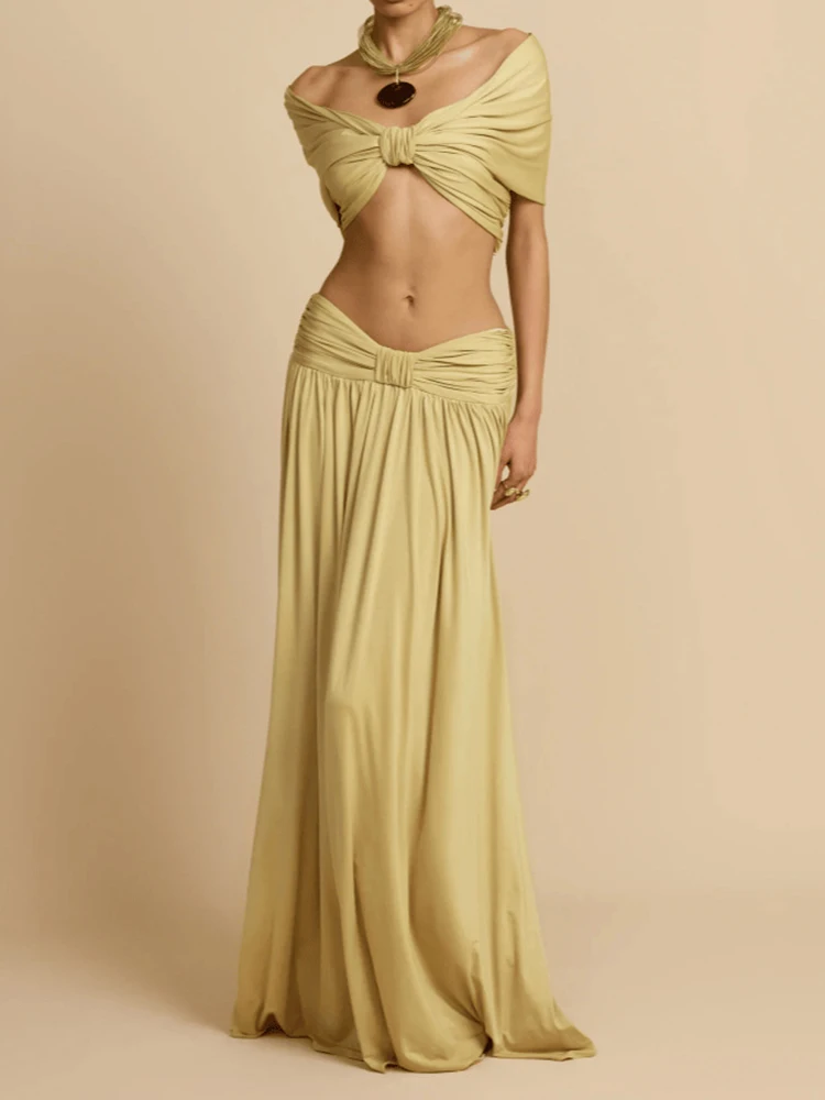 

Женский сексуальный топ без бретелек с разрезом на шее и макси-юбка, элегантный модный лоскутный драпированный шикарный наряд, женский костюм из двух предметов 2025