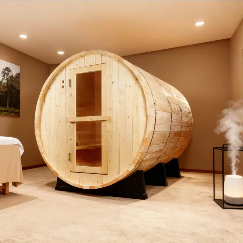Customized Canadian Hemlock Barrel Sauna Panoramic Glass Stove Red Cedar 6 Person Capacity Dry Steam Modern Design Outdoor