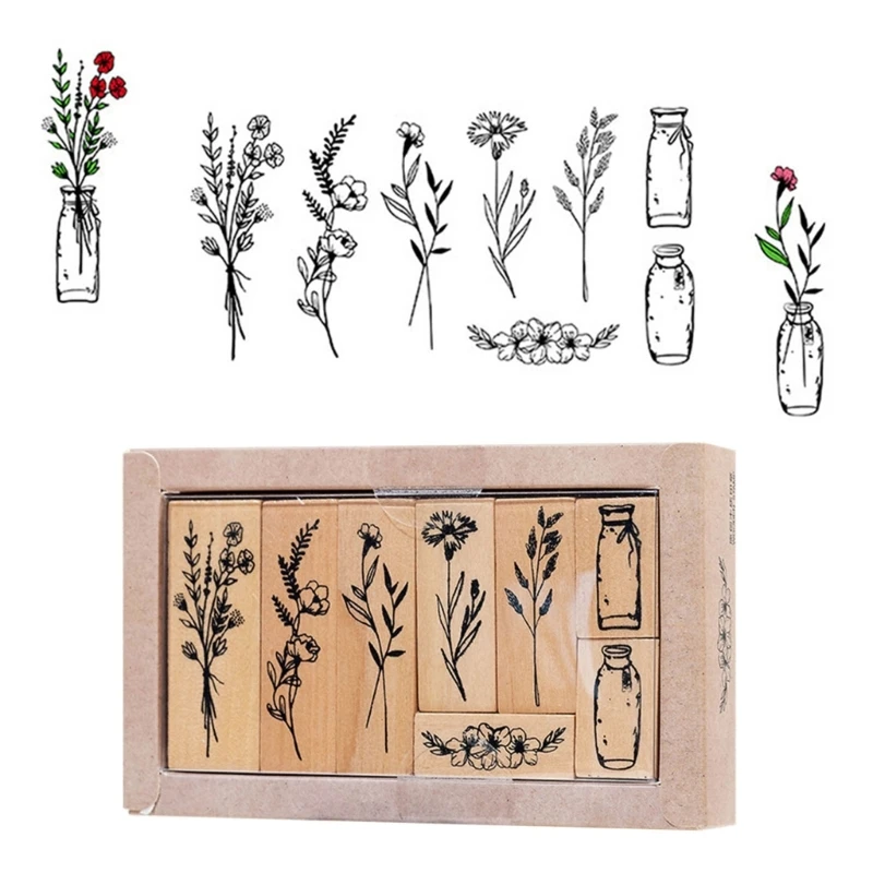 8 Pieces Vintage Decorative Wooden Rubber Stamp Plant Wooden Rubber Stamps for Scrapbooking Dairy Card Making Gift Wrap