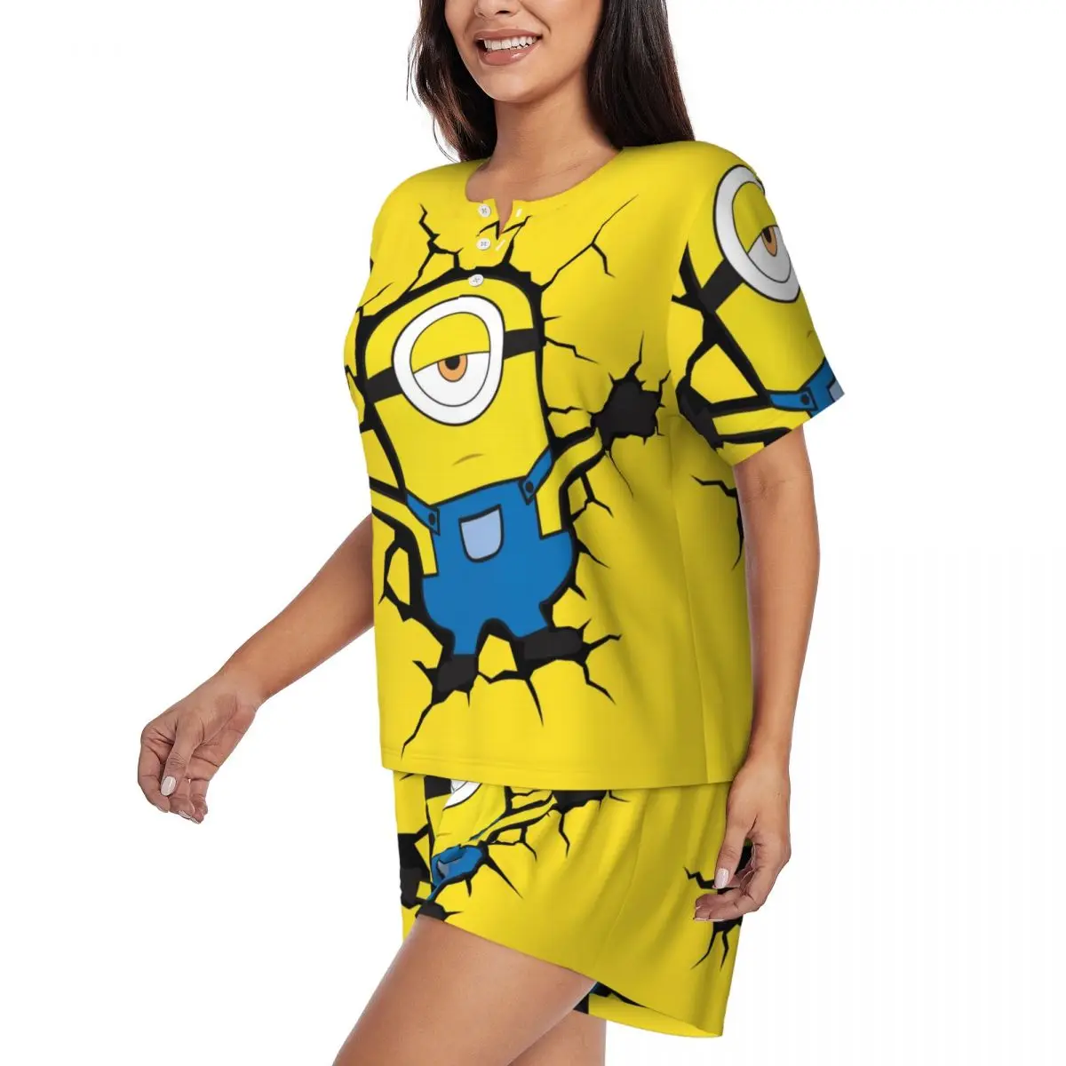 Custom Minions Broke The Wall Pajama Sets Women 2 Piece Cartoon Animation Short Sleeve Pjs Shorts Sleepwear