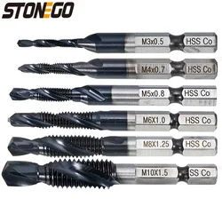 STONEGO M35 TiAlN Coated Drill Tap Countersink Bit with Hex Shank, HSS-Co Metric Taps M3 M4 M5 M6 M8 M10