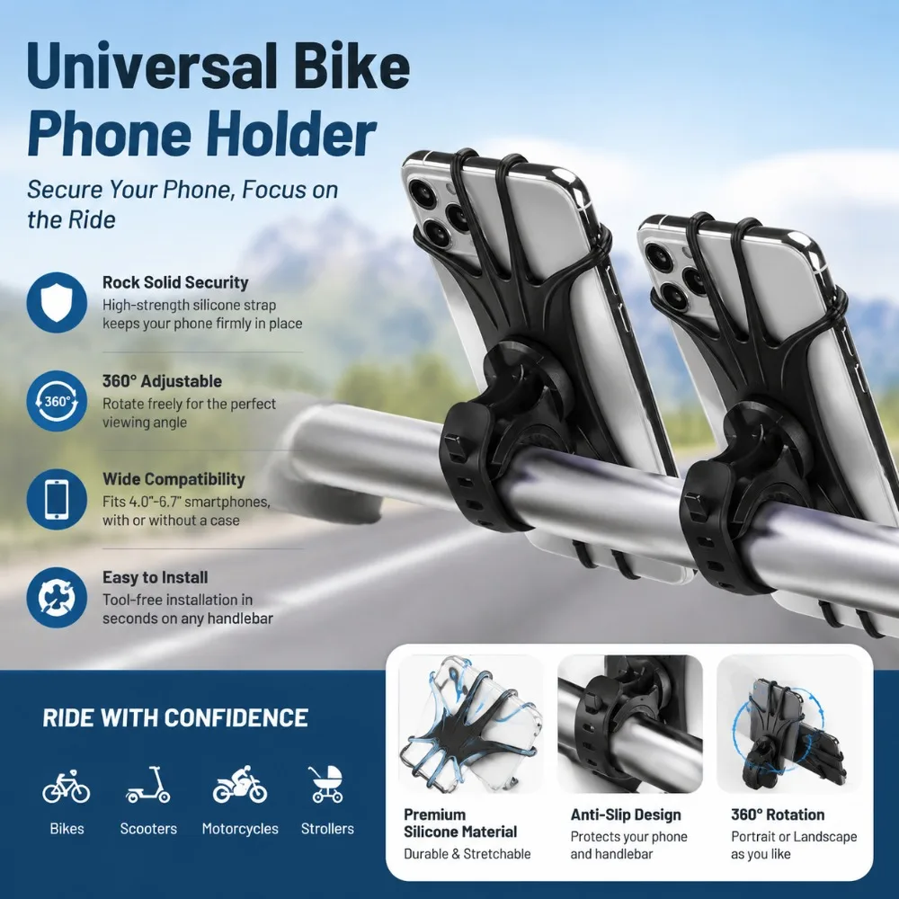 2 Pack 360° Rotatable Silicone Bike Phone Mount Universal Bicycle Holder Fits 4.7-6.8 Inch iPhone Samsung Smartphones