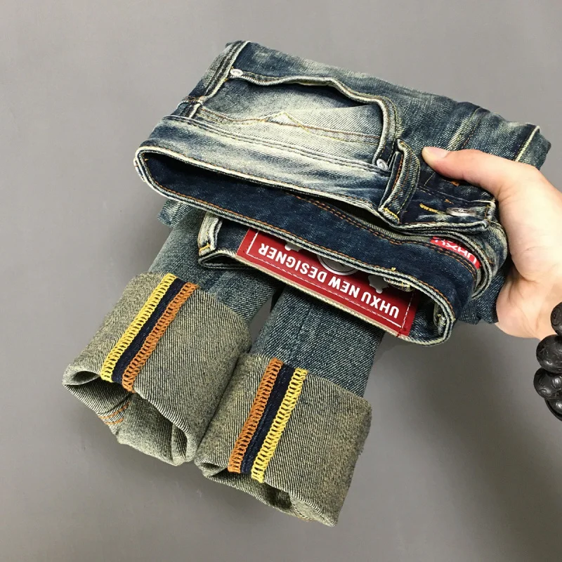 جينز أمريكي عتيق للرجال بنمط خريفي بقصة ضيقة وأنبوب مستقيم صغير اتجاه بسيط كشط 2025 سراويل ريترو جديدة #6