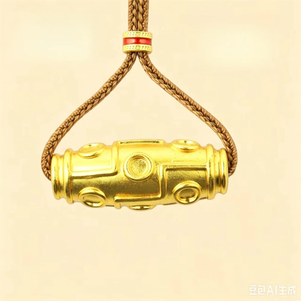 

AU999 24K Solid Gold Barrel Pendant Necklace, Vintage Geometric Pattern Luck Bead Charm, Unisex Fine Jewelry Gift
