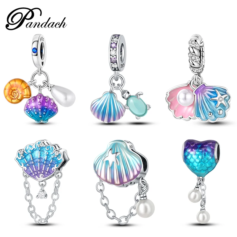 

100% 925 Sterling Silver Dream Ocean Series Shell Pearl Mermaid Sea Turtle Charm Beads Fit Pandach Original Bracelet DIY Jewelry