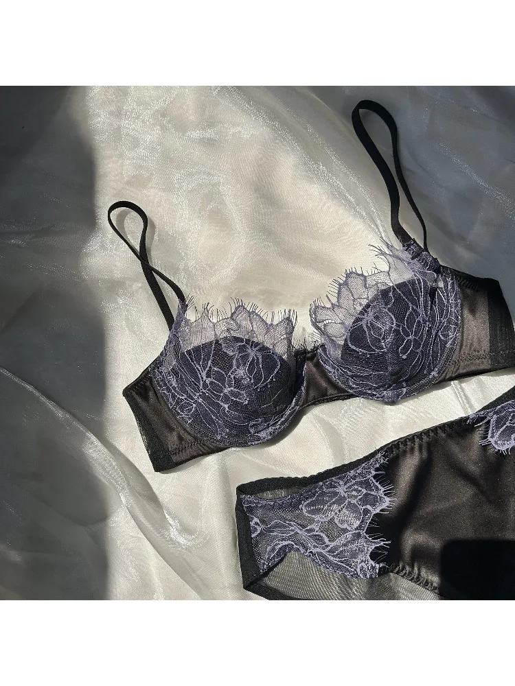 French Eyelash Lace Sexy Hollow Underwear Women's Soft Steel Rim Thin Gather Up Support Women's Bra Bra Set s-xl