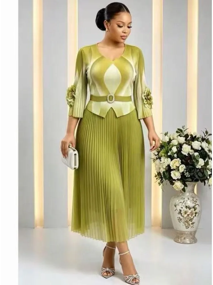 Miyake 2026 Summer New Pleated Dress Disc Flower Gradual Change Belt V Neck Loose Women's Dress