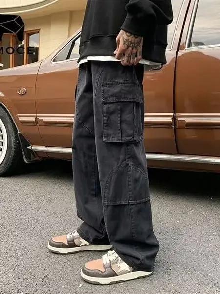 

Мужские рабочие брюки в японском стиле, модные свободные прямые брюки в уличном стиле, повседневные широкие брюки-палаццо, универсальные длинные брюки