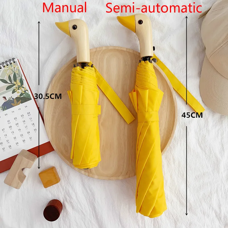 Cute Duck Head Wooden Handle Folding Semi-Automatic Sun Umbrella Windproof Black Coating Uv Protection Lady Umbrella