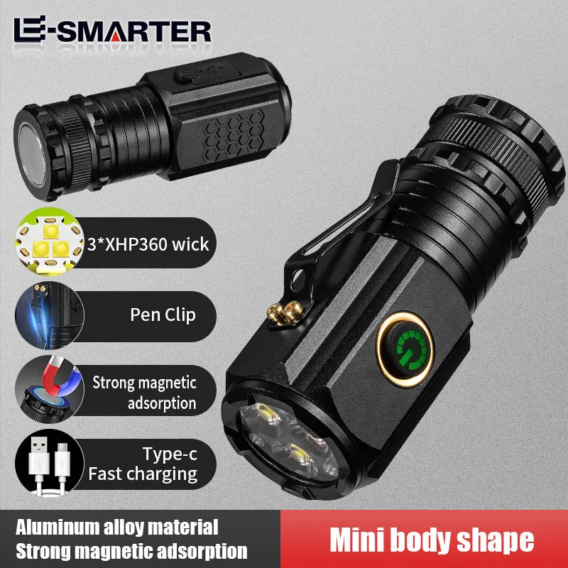 3LED مصباح يدوي صغير قابل لإعادة الشحن الشعلة التكتيكية 1500LM السوبر مشرق التخييم في الهواء الطلق مصباح يدوي مصباح محمول مع الذيل المغناطيسي