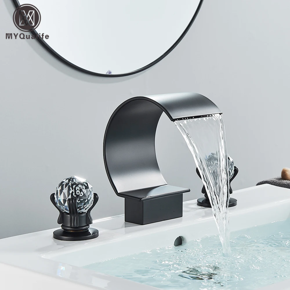 Black Bathroom Basin Faucet Brass 2 Crystal Knobs Cold Hot Gold High Arc Waterfall Filler Faucet 3 Holes Deck Mounted