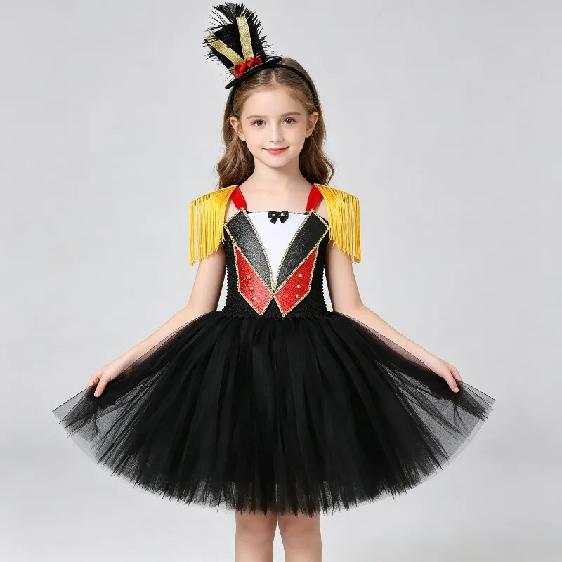 Halloween Girls Circus Ringmaster Tutu Dress Black Tassel Epaulet Tulle Outfit Carnival Party Layered Fancy Performance Dress