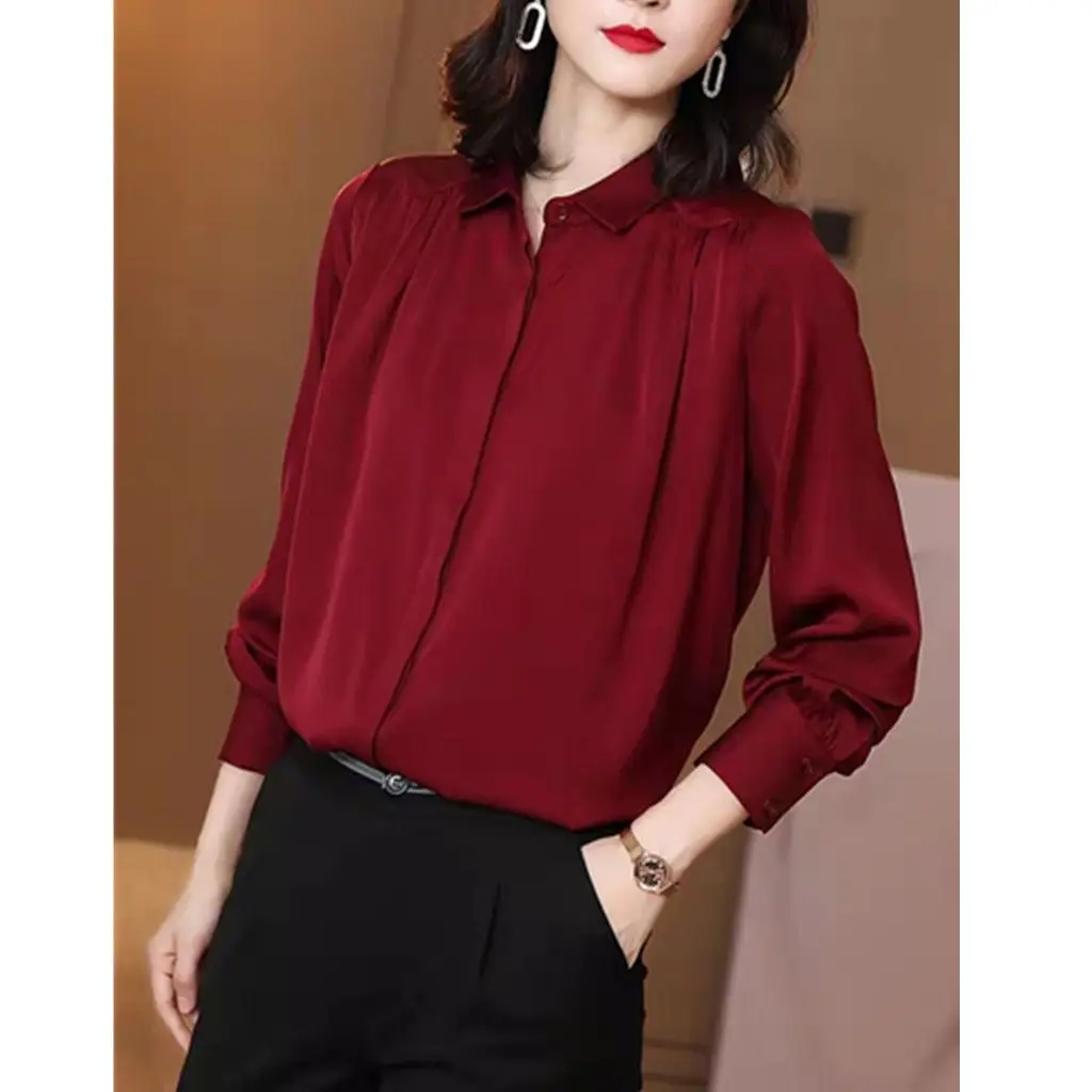 Women\'s 2024 Spring and Autumn New Shirt with Drop Down Anti Wrinkle Loose Cover Chiffon Shirt, Red Top for Women