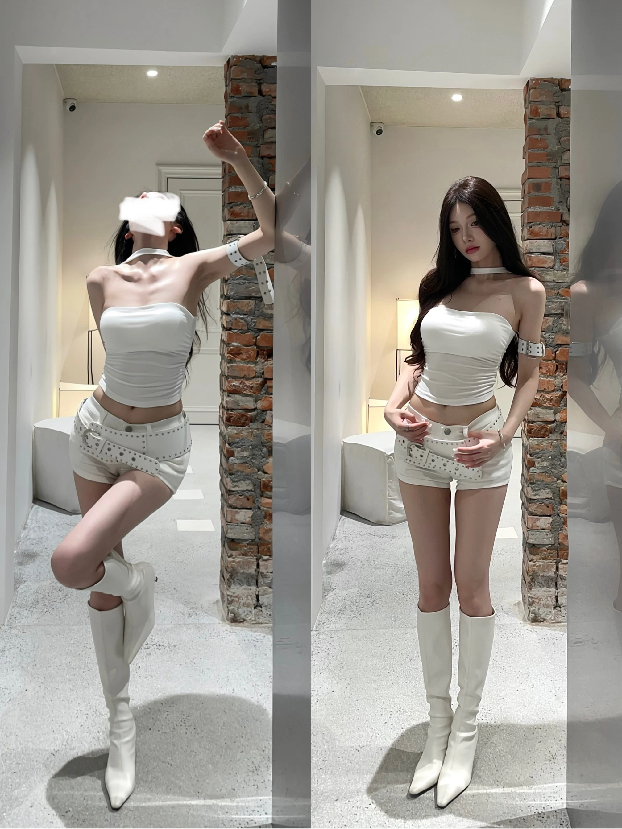 

Белый панк-костюм для девушек: сексуальный комплект из двух предметов с коротким рукавом и круглым вырезом, модный летний наряд, повседневная рабочая одежда для женщин.