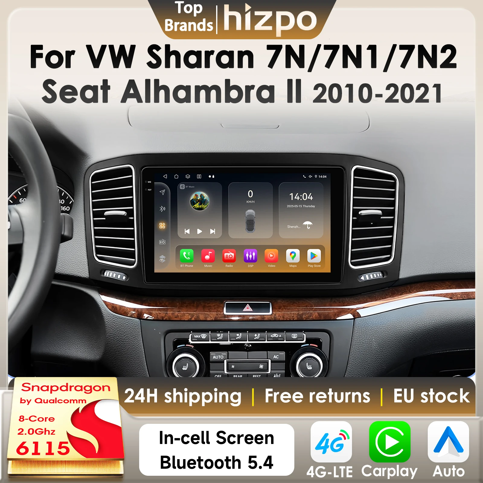 Autoradio Hizpo Carplay Android 14 per Volkswagen Sharan SEAT Alhambra 7N 2010-2021, GPS Multimediale per Auto 4G DSP con Snapdragon 6115