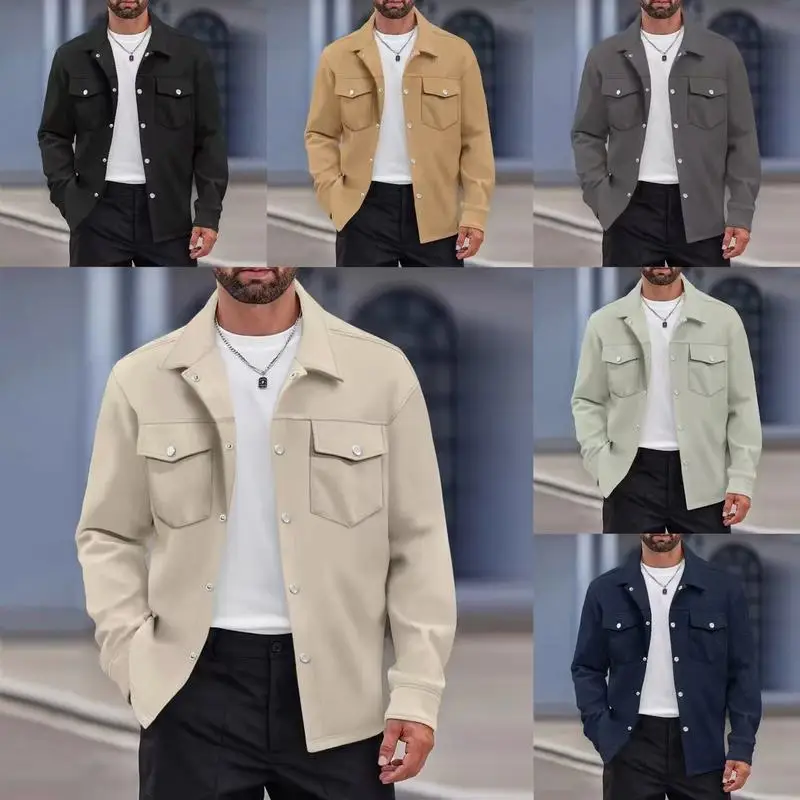 New Shacket Men Button Down Jacket Casual Turn Down Collar Outerwear with Pockets for Autumn Winter