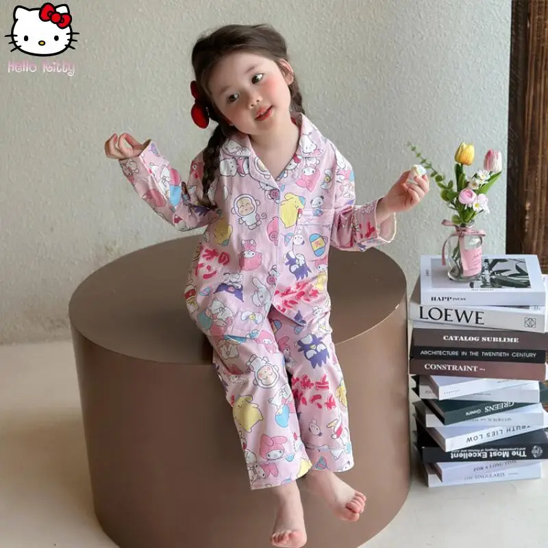 

Long Sleeve Thin Edition Anime Girls' Home Clothes Spring Autumn Cartoon Cardigan Set Kawaii Hello Kitty Child Pajamas