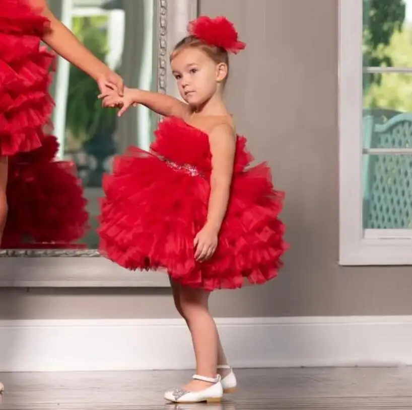 Red Puffy Tulle Baby Girls Dresses Infant Birthday Dress Sheer Neck Mom Girls Matching Gowns Knee Length Photography