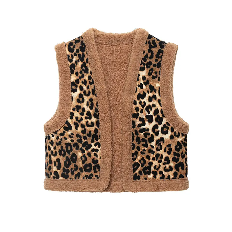 Nlzgmsj 2026 Autumn Winter Women Leopard Print  Vest V Neck Sleeveless Open Front Cropped Waistcoat Warm Casual Tank