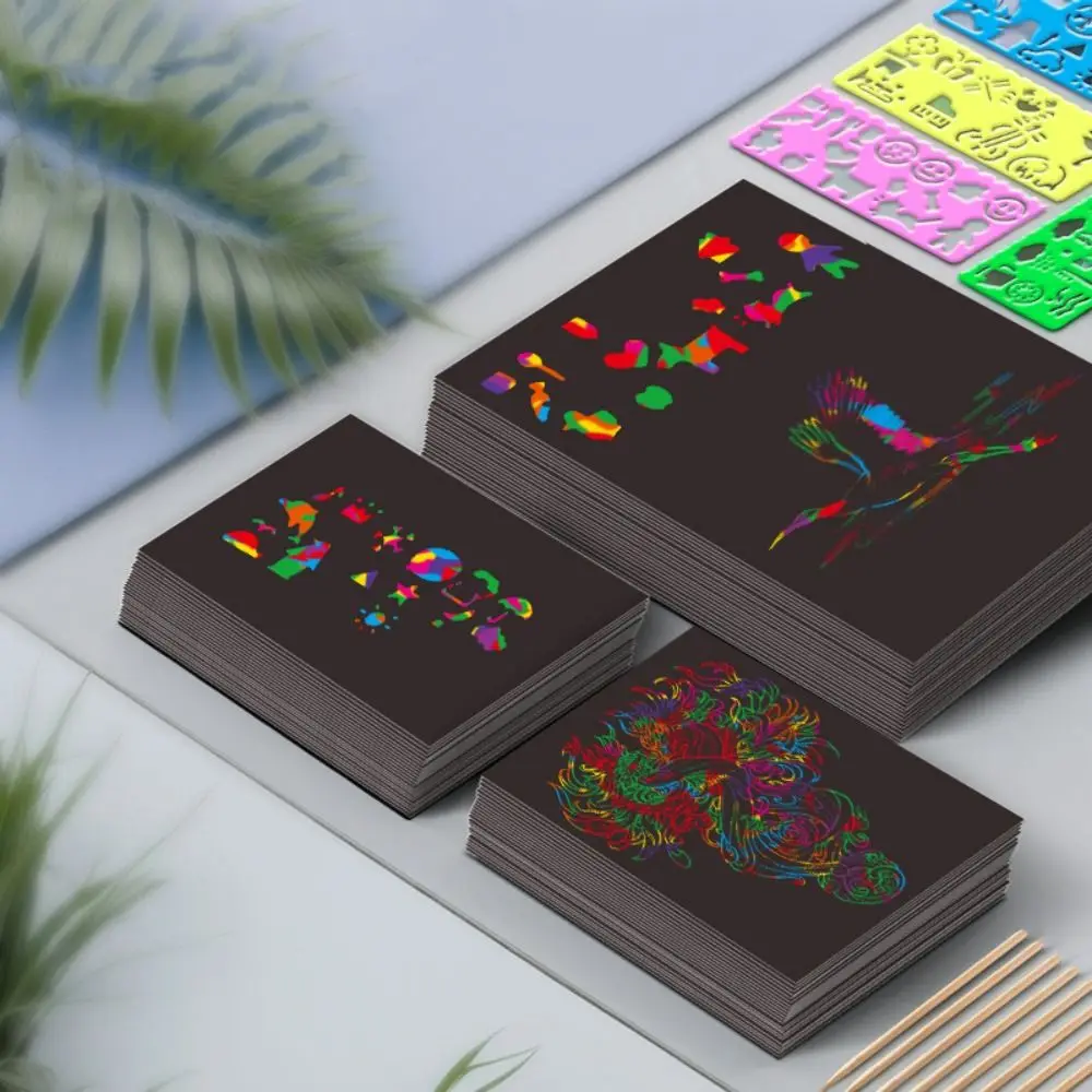 クリエイティブレインボー-スクラッチアートペーパーカードセット-グラフィティステンシル-カラフルスクラッチカードキット-落書きdiy描画ボード