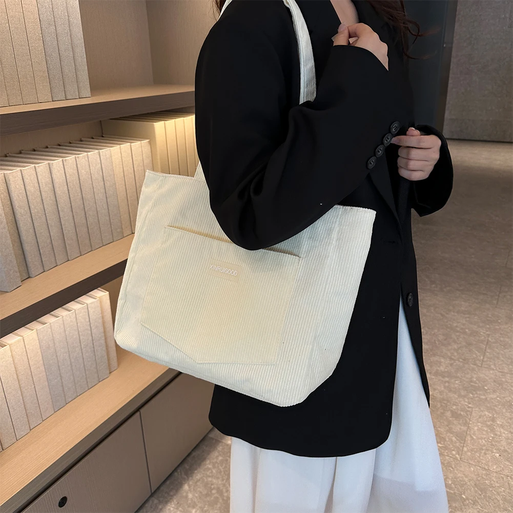 Women Corduroy Tote Bag with Pockets Compartments Cord Tote Bag Casual Shopping Bag for School Work Shopping