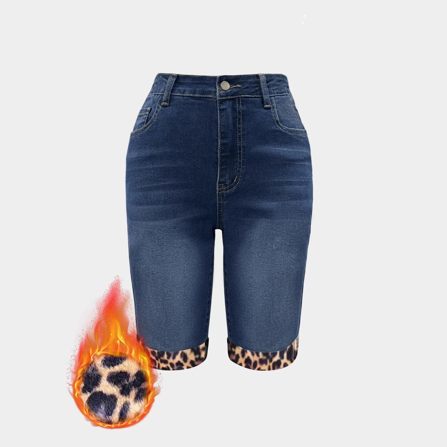 กางเกงยีนส์ทรงตรงห้าส่วนเอวต่ำลายเสือดาวแบบใหม่ ช่วยยกสะโพก