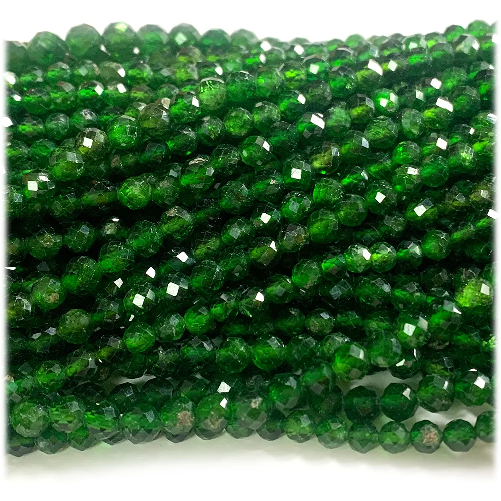 Veemake Dark Green Chrome Diopside Round Faceted Natural Stone Small Jewelry Beads 08269