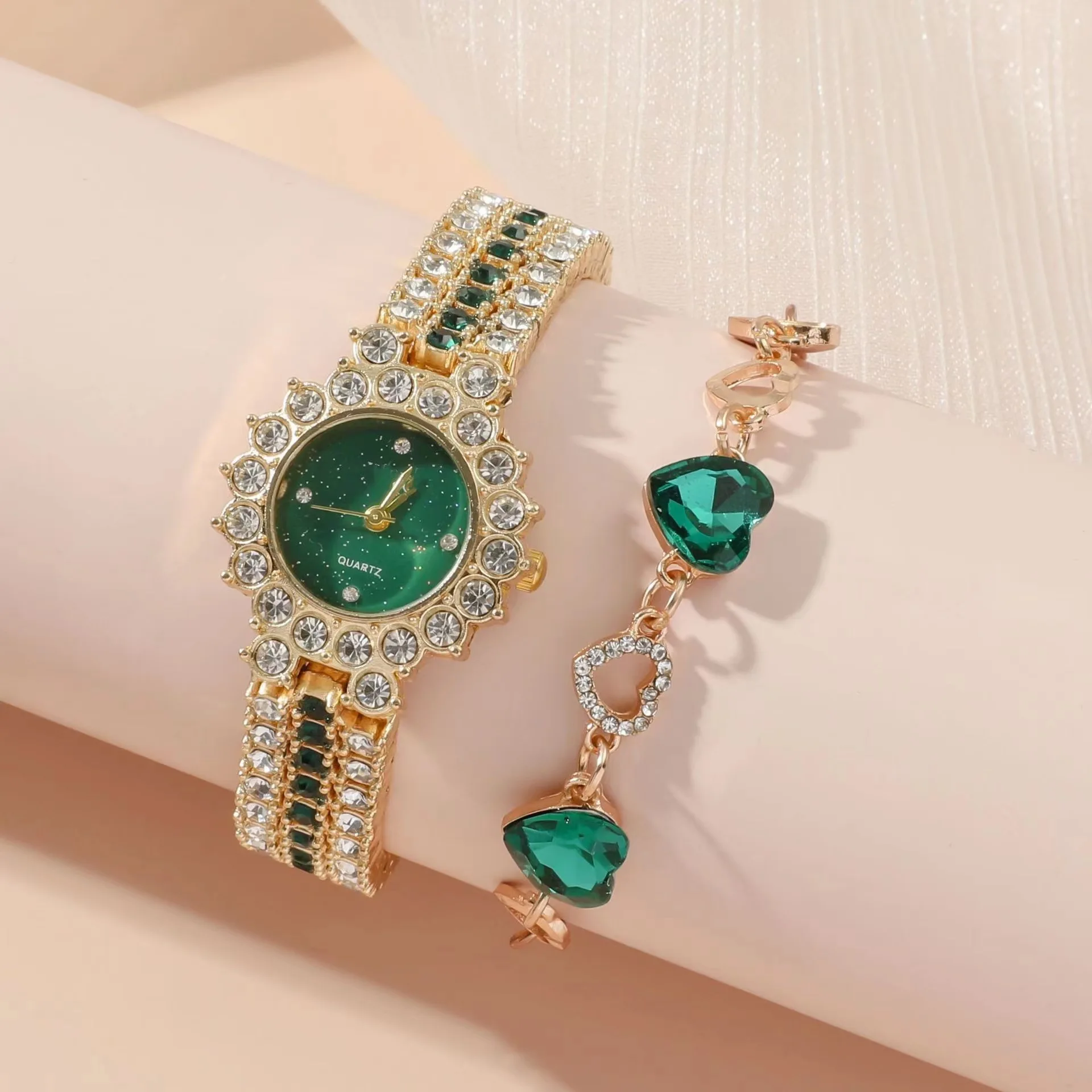 Women Fashion Watches Heart Rhinestone Ring Necklace Earring Jewelry Set Luxury Dress Quartz WristWatch Simple Elegant Watch Gif