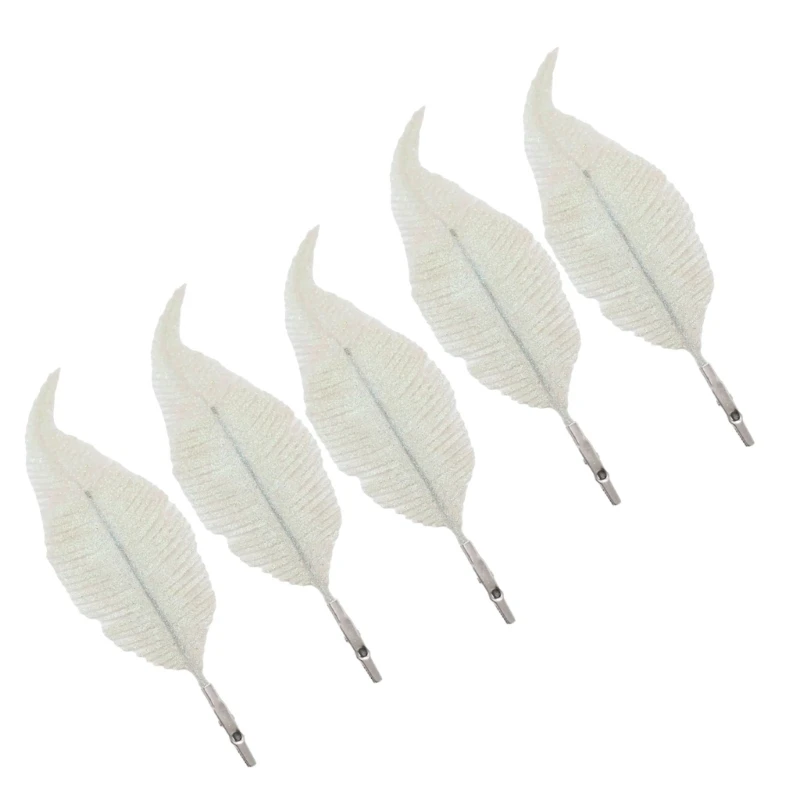 Set Of 5 Glittering Feathered Artificial Leaves Clip On Christmas Tree Ornament Decorative Accessory Holiday Decoration K92A