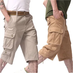 Men's Long Length Cargo Pants Summer Loose Casual Cotton Multi Pocket Cropped Trousers Hip Hop Breeches Tactical Shorts