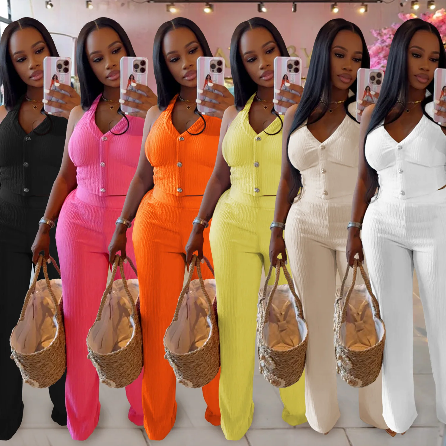 Pant Set Women Two Piece Sets Halter Neck Lace Up Shirt Backless Wide Leg Long Pants Elastic Waist Y2k Streetwear Casual Spring