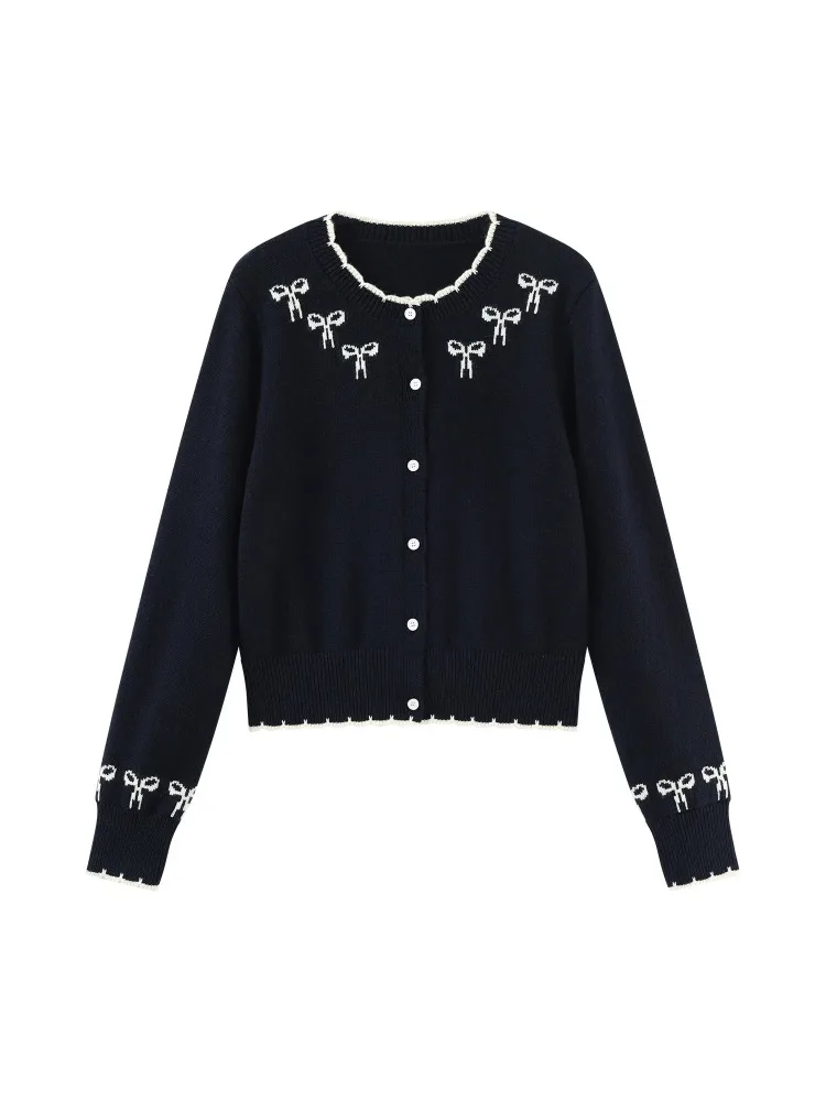 Wool Knit Cardigan Women Contrast Bow Embroidery Sweater Autumn Short Slim Fit Round Neck Outerwear Jacket for Casual Layering
