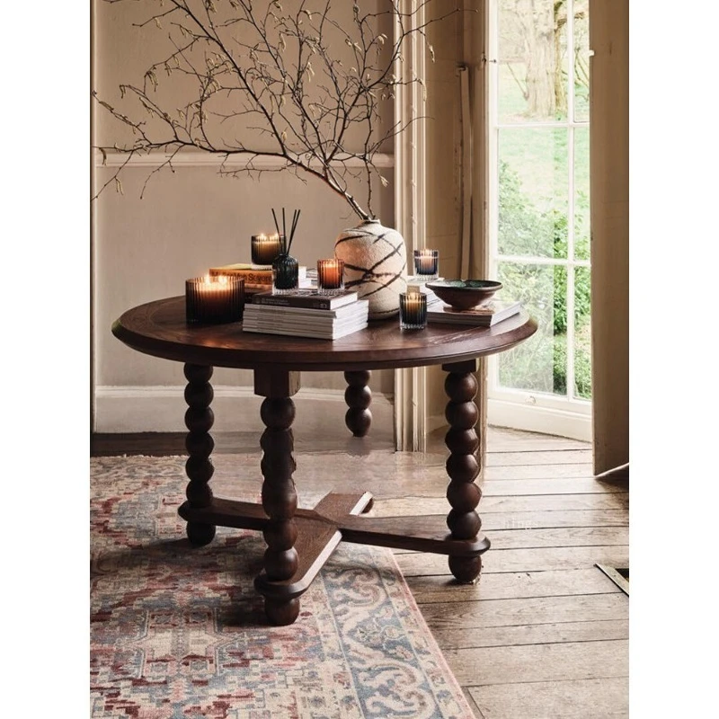 Medieval solid wood carving flower old dining table Roman column coffee table living room American style round home dining table