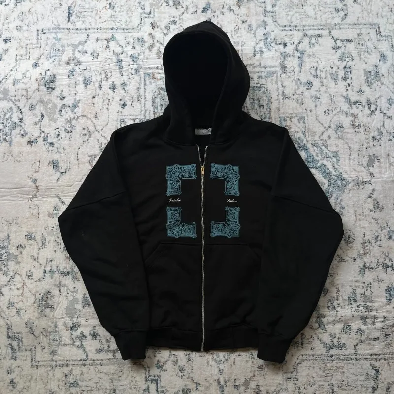 Y2K Harajuku Zip Up Hoodie übergroße geheimnisvolle Symbole Muster gedruckt amerikanischen Stil Streetwear Unisex Gothic Vintage Kleidung