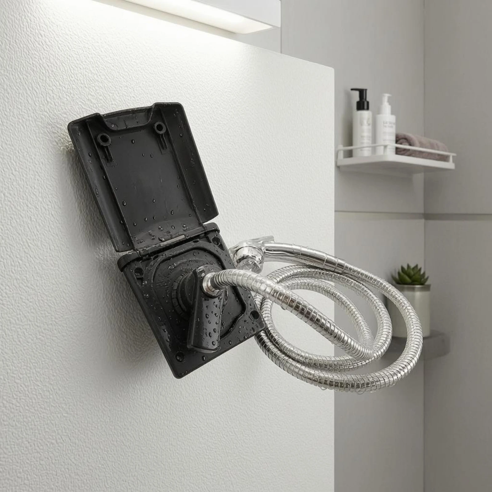Embedded Hot and Cold Shower Unit Coiled Hose Recessed Shower Station Bath Hardware Hinged Cover for RV, Boat view 4