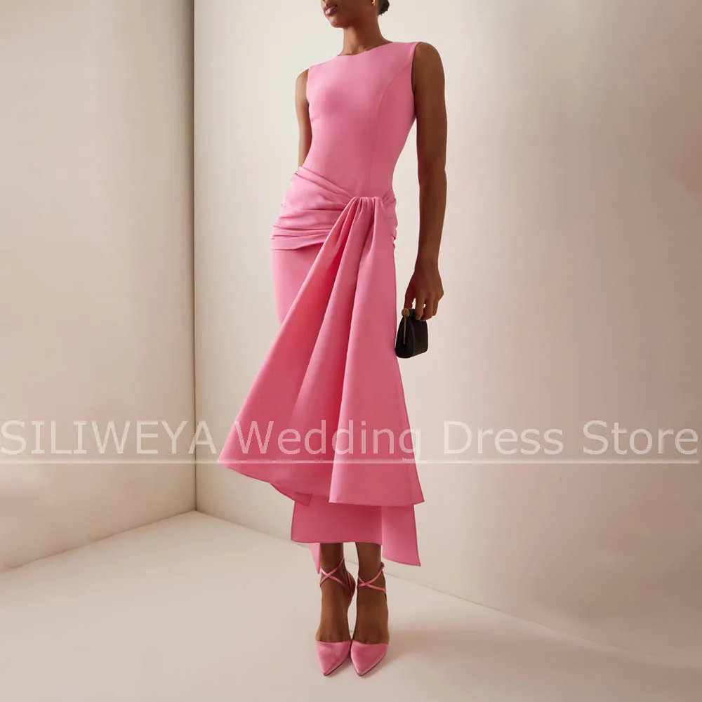 

Pink Prom Dresses with Round Neck Sleeveless Pleated Evening Gowns Chic Asymmetric Ruffled Ankle Length Formal Party Dresses