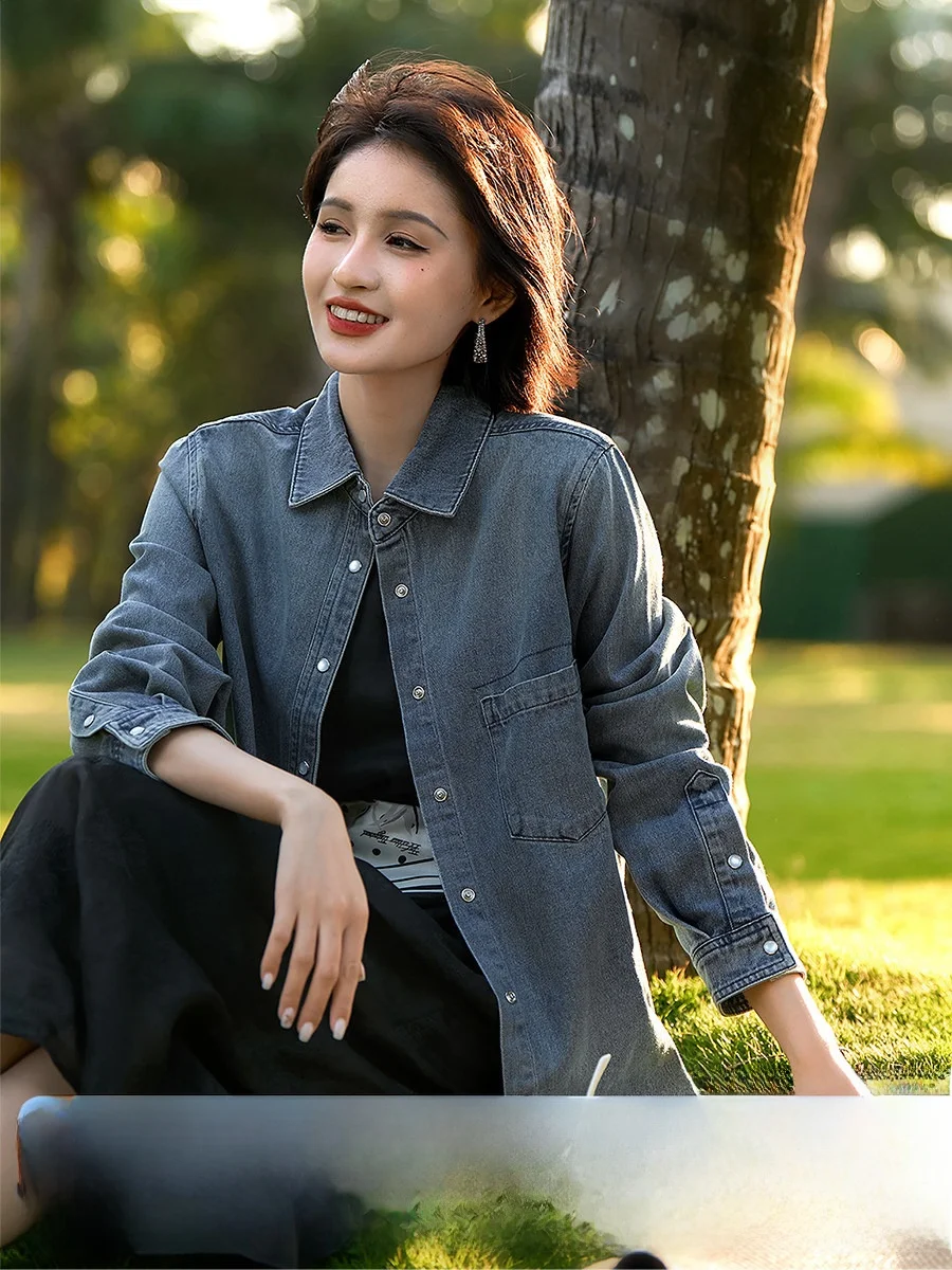 

Xhange Casual Cotton Denim Shirt Light Drapey Old Time Blue Commute Style Women's Fashion Spring Collection Loose Fit Long Sl...