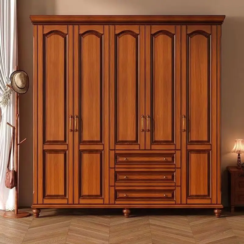 American Vintage Solid Wood Wardrobe White Modern Simple Three, Four or Five Door with Drawer Top Cabinet Bedroom Thickened Ward