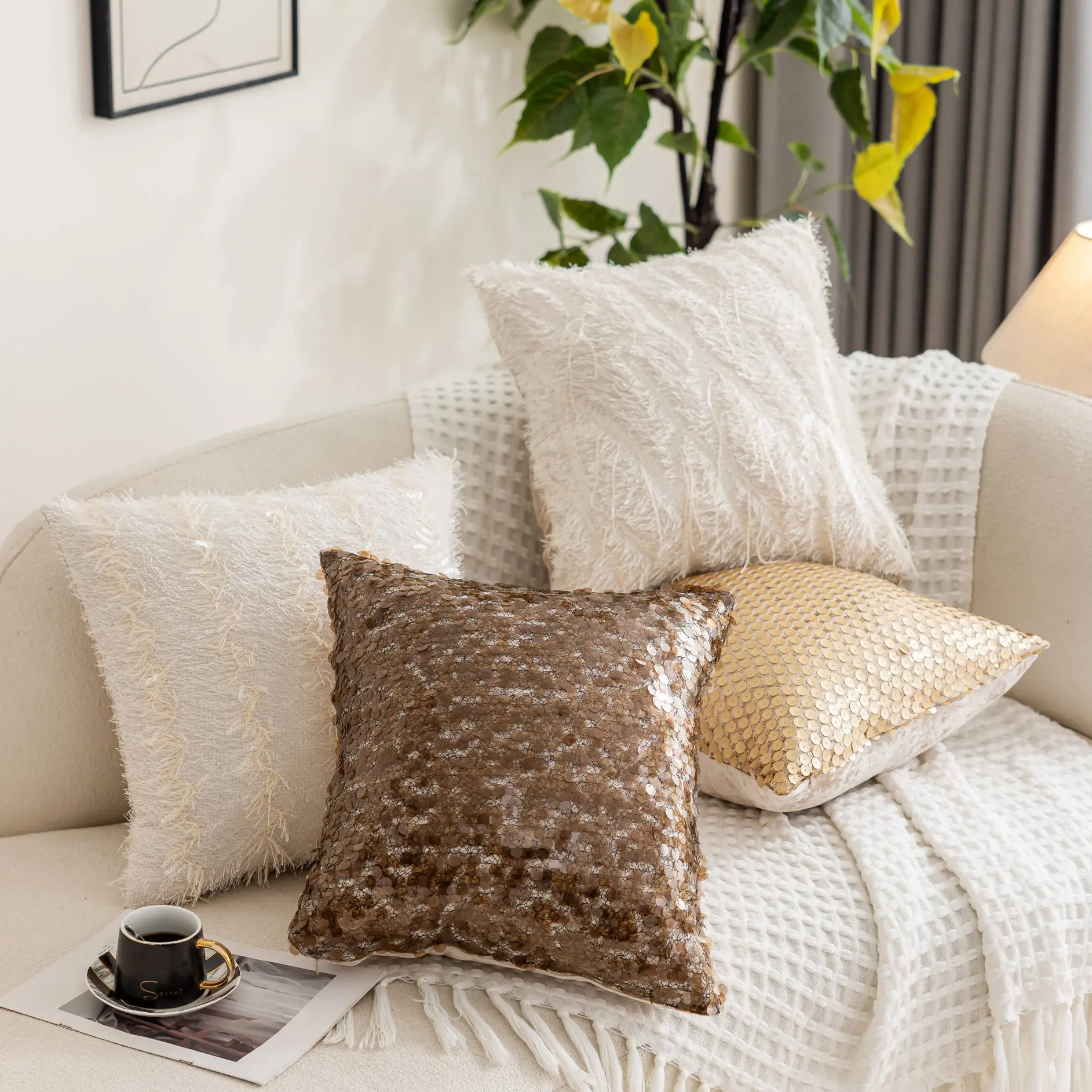 Light Luxury Cushion Cover Pillow Case with Gold/ brown Sequin Embroidery Pillow cover White Tassels