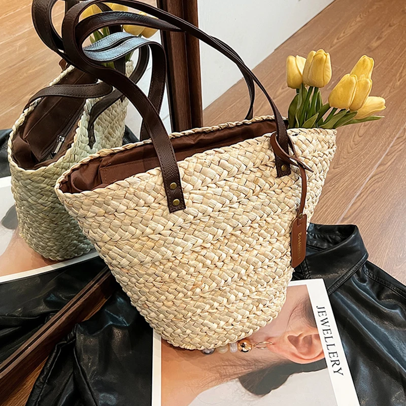 

Designer Woven Bag For Women 2024 New Large Capacity Beach Bag Straw Handbag Big Basket Shopper Tote Rattan Handmade Bag Boho