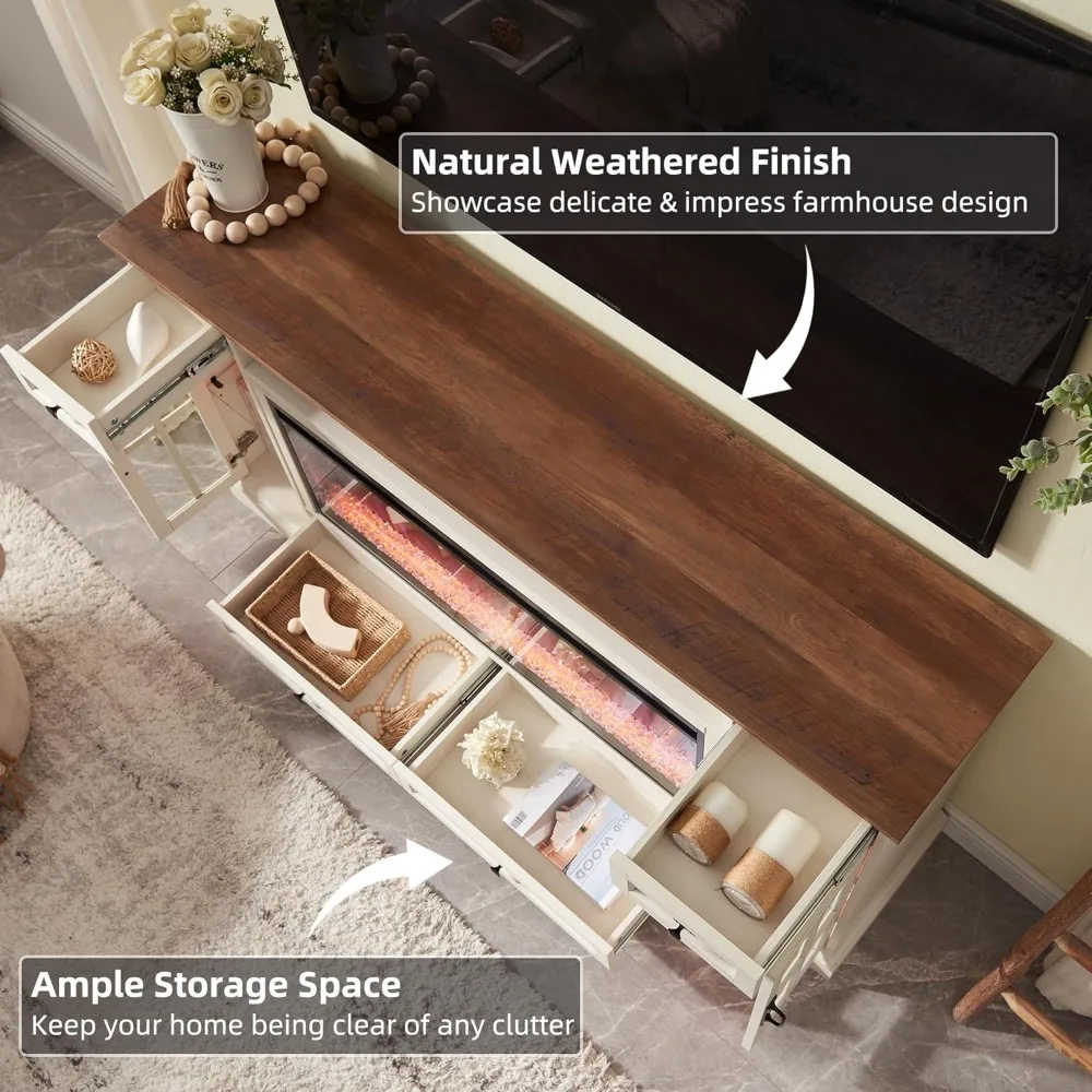 Suporte de TV com lareira para TV de 80 polegadas, centro de entretenimento de fazenda com lareira de 42" e luzes LED, mesa de console de mídia moderna