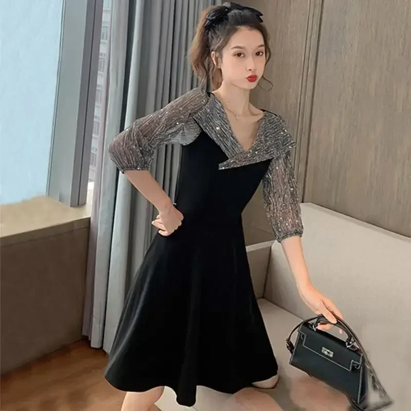 A Line Korean Style Midi Mesh Women's Long Sleeve Dresses New Features of In Fashion Summer 2025 Elegant Party Xxl Female Dress