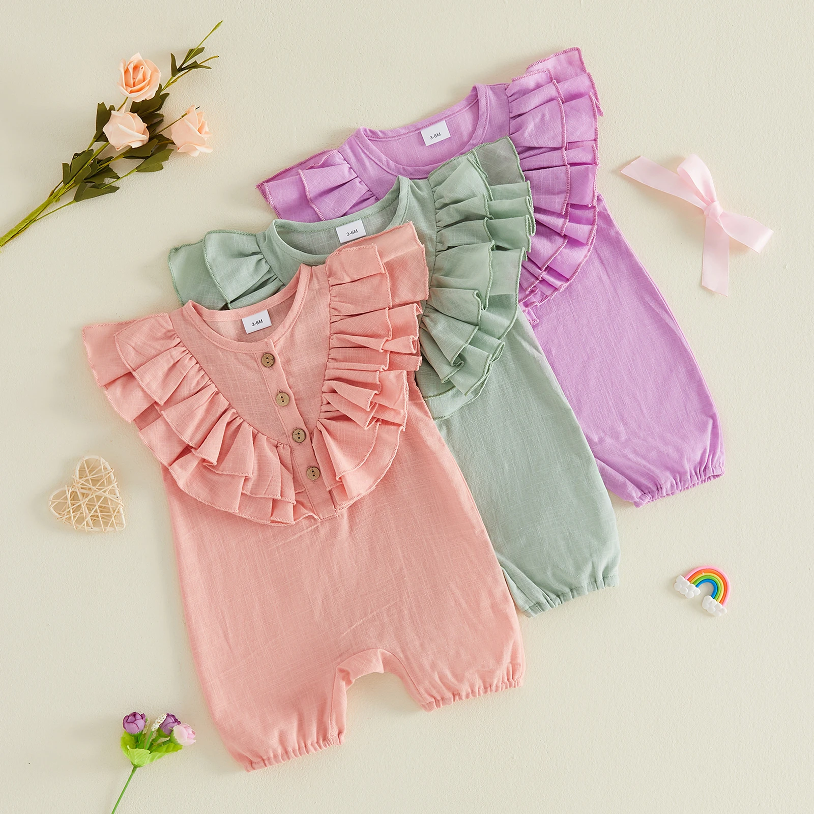Baby Girl Summer Romper Cute Ruffle Solid Button Up Flying Sleeve Jumpsuit Infant Newborn Clothes For Girls