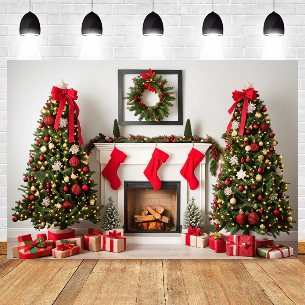 Christmas Fireplace Theme Backdrop for Photography Burning Fireplace Xmas New Year Winter Family Party Decor Photo Background