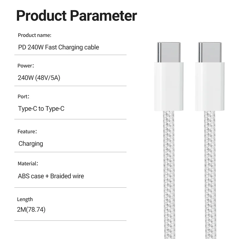 240W USB C ถึง C สายชาร์จประเภท C Fast CHARGING Braided PD สําหรับ iPhone 15 16 Series lPad Air Pro MacBook Pro Huawei DELL