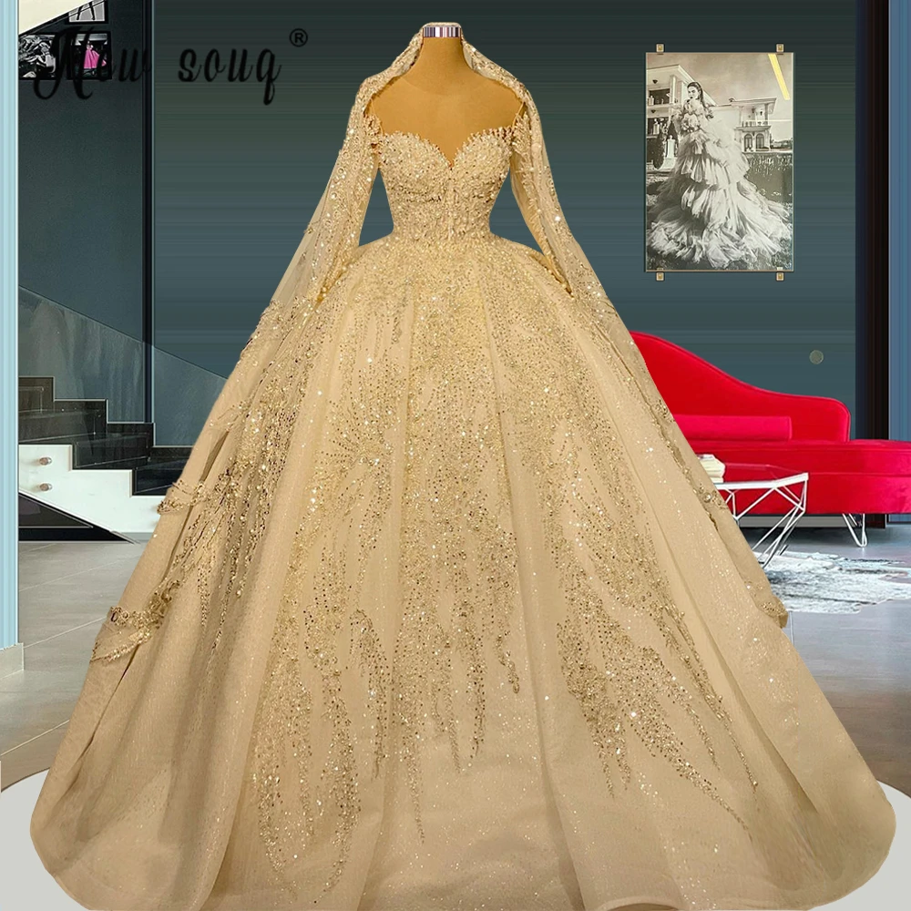 Luxury Sweetheart Neckline Ball Gown Wedding Dress with Beads Appliques Princess Wedding Gowns Long Sleeve Dubai Bridal Dress